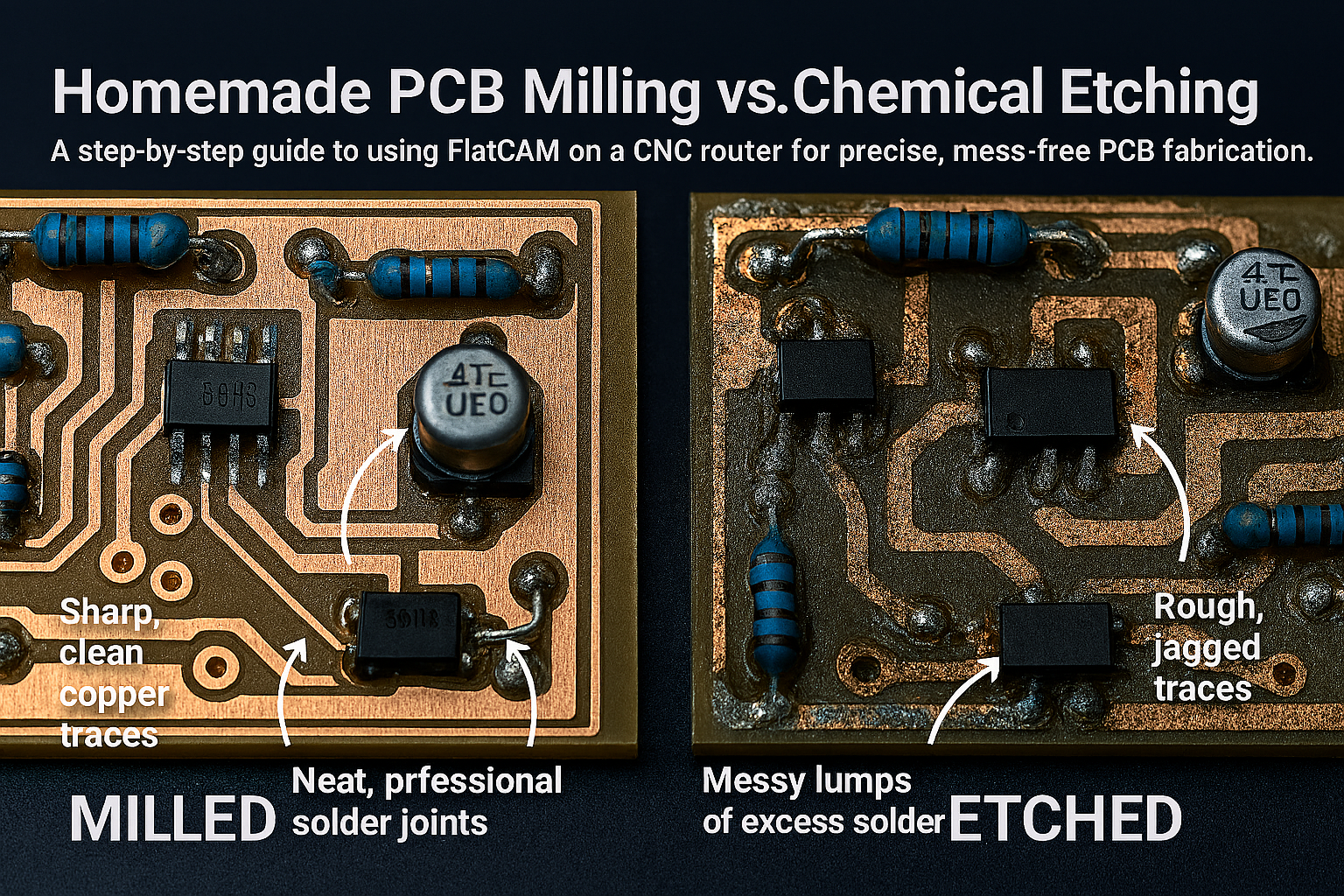 Macro comparison of clean milled PCB traces vs rough chemical etched traces
